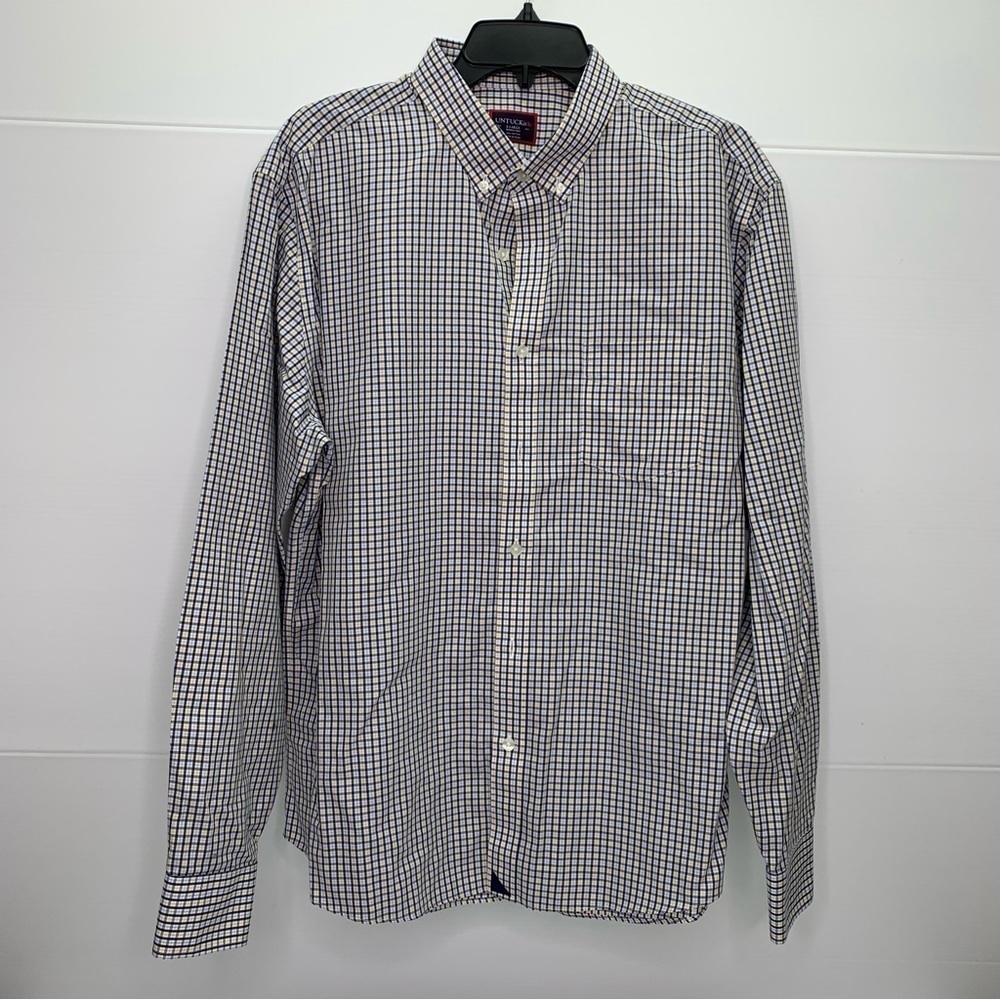 UNTUCKit Shirt XL Button Down Blue Yellow Plaid Wrinkle Free Cotton Casual